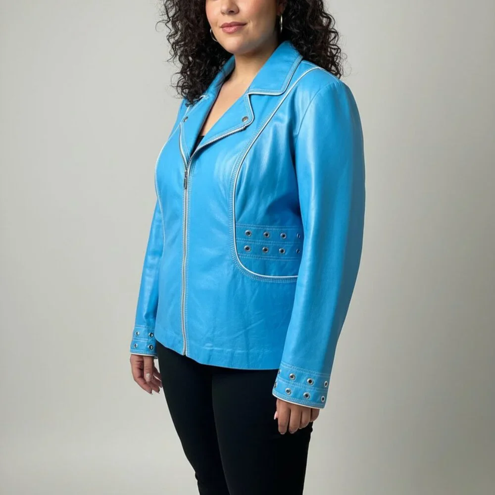 Perfect Grommeted Blue Leather Guillaume Jacket - Size 2X - Picture 3 of 14